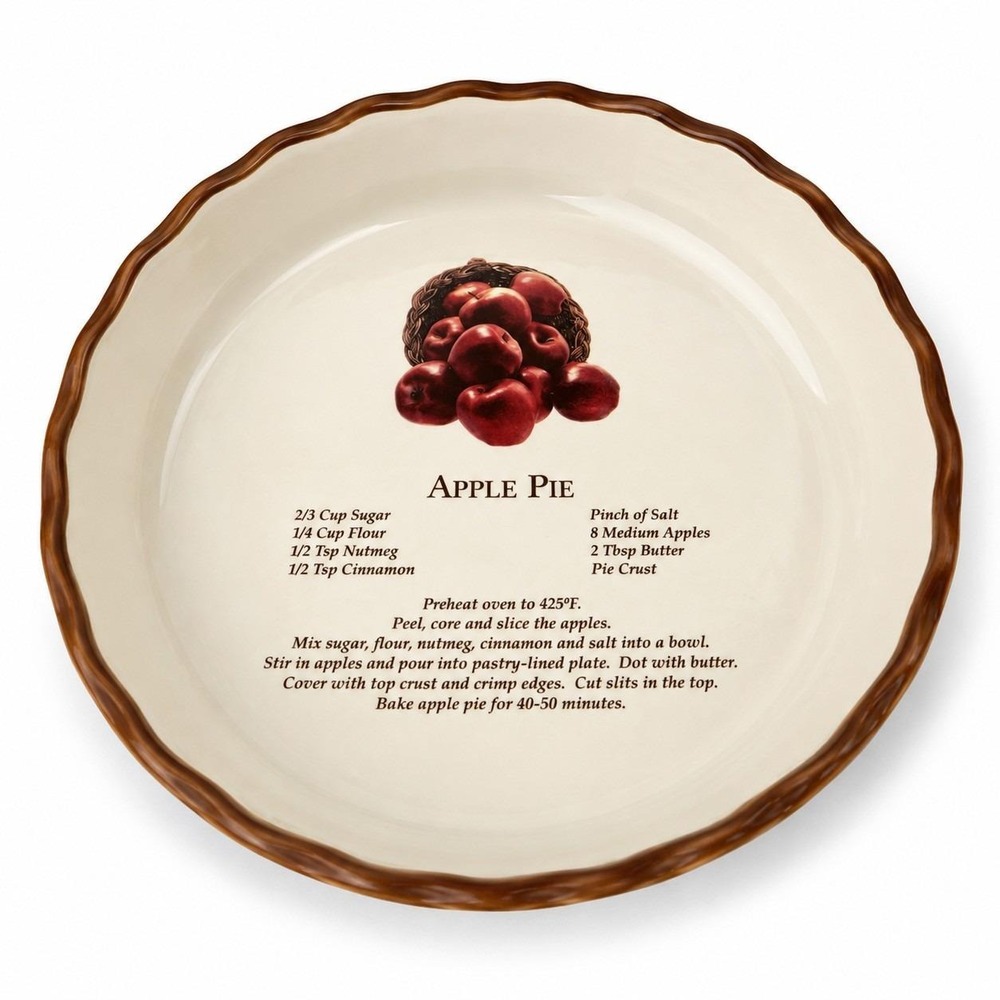 Vintage Apple Pie Recipe Ceramic Pie Plate 10" Brown Scalloped Rim Farmhouse